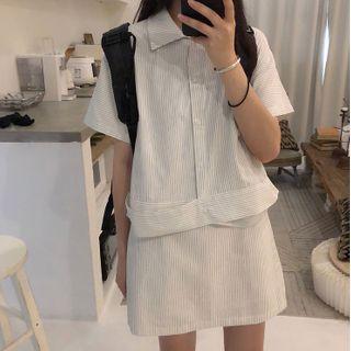Short-sleeve Striped Shirt / Striped A-line Mini Skirt