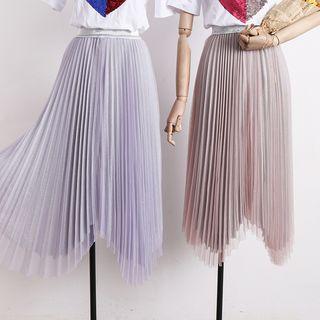 Asymmetric-hem Glitter Pleated A-line Skirt