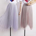 Asymmetric-hem Glitter Pleated A-line Skirt