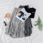 Short Sleeve Print T-shirt / Leopard Print Layered Skirt