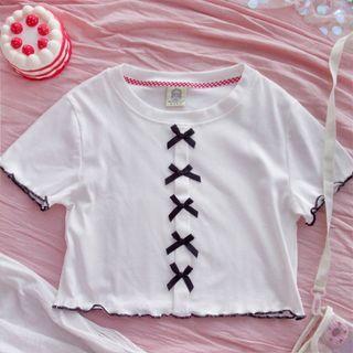 Short-sleeve Bow Accent T-shirt White & Black - One Size