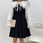Lace Trim Blouse / Mini Overall Dress / Set