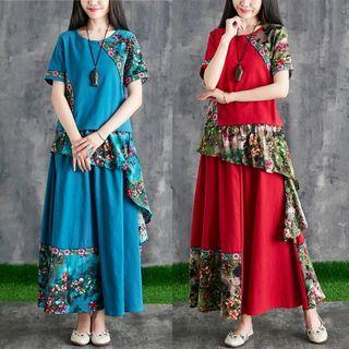 Set: Short-sleeve Floral Trim T-shirt + Asymmetrical A-line Maxi Skirt