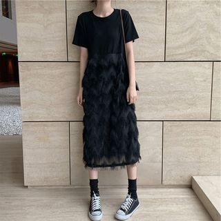 Short-sleeve Fringe Panel Midi T-shirt Dress