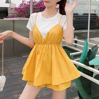 Set: Short-sleeve Top + Spaghetti-strap Mini Dress