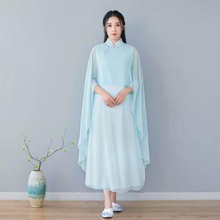 3/4-sleeve Mandarin Collar Midi Chiffon Dress