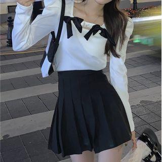 Long-sleeve Bow Accent Top White - One Size
