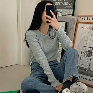Button-detail Ribbed Knit Top Sky Blue - One Size