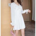 Long-sleeve V-neck Ruffled Trim Mini Dress