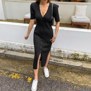 Padded-shoulder Slit-side Ribbed Knit Dress