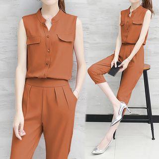 Set: V-neck Sleeveless Chiffon Blouse + Cropped Pants
