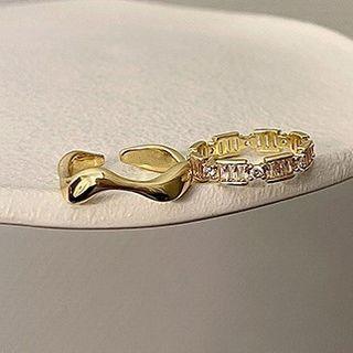 Set Of 2: Open Ring + Rhinestone Ring Set Of 2 Pcs - Silver & Gold - One Size