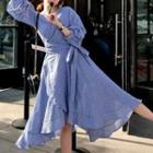 3/4-sleeve Checker Frill Trim A-line Midi Wrap Dress Check - Blue - One Size