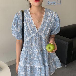 Floral Short-sleeve A-line Dress Sky Blue - One Size