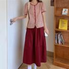 Contrast Trim Plaid Puff-sleeve Blouse / Plain Midi A-line Skirt