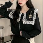 Lace Trim Flower Embroidered Long-sleeve Cardigan