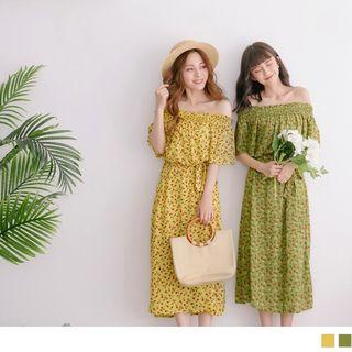 Off-shoulder Ruffle Trim Floral Midi Dress