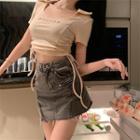 Short-sleeve Lettering Drawstring Cropped T-shirt Almond - One Size