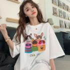 Elbow-sleeve Cat Print T-shirt Cats - White - One Size