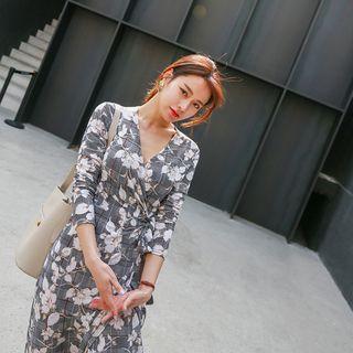 Floral Plaid Long Surplice-wrap Dress