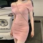 Off-shoulder Short-sleeve Ruched Mini Sheath Dress