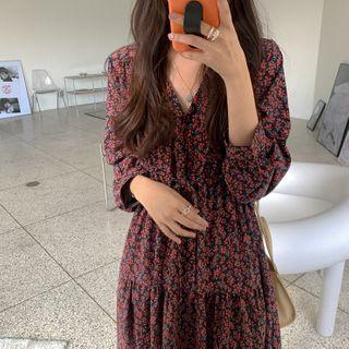 Long-sleeve Floral Print Midi A-line Dress Floral Print - Red - One Size