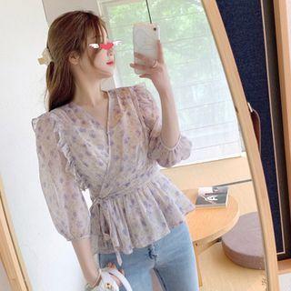 Ruffle Trim Tie-waist Floral Blouse