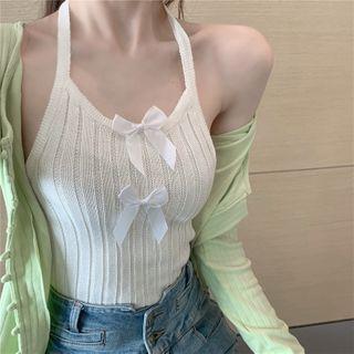 Halter-neck Bow Knit Crop Top