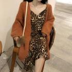 Long Cable Knit Cardigan / Leopard Strappy Midi Dress