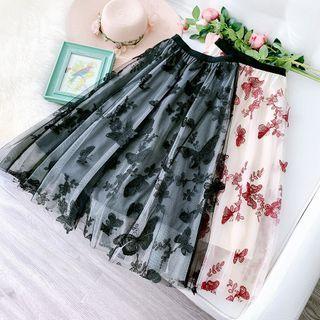 Butterfly Embroidered Mesh A-line Skirt
