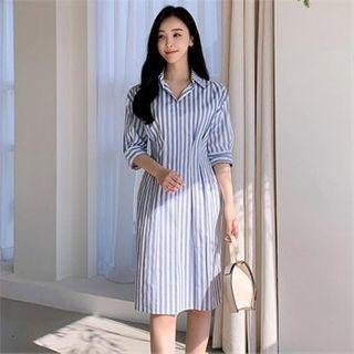 Pintuck-waist Stripe Shirtdress