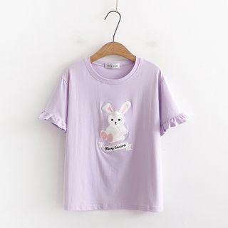 Short-sleeve Ruffle Trim Rabbit Applique T-shirt