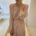 Long-sleeve Tie Waist V-neck Floral Dress As Shown In Figure - One Size