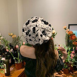 Ink Painting Style Flower Beret Black & Beige - One Size