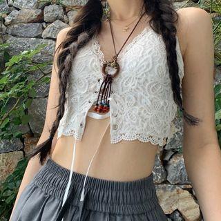 V-neck Lace Cropped Camisole Top White - One Size
