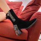 Genuine Suede Patterned Panel Block-heel Ankle Boots