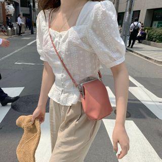 Square Neck Short Sleeve Lace Top White - One Size