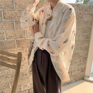 Long-sleeve Frayed Print Loose-fit Blouse Beige - One Size