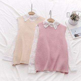 Set: Long-sleeve Lace Shirt + Knit Vest