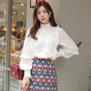 Long-sleeve Lettuce Edge Mesh Blouse