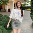 Elbow-sleeve Chinese Print T-shirt / Mini Pencil Skirt
