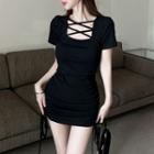 Short-sleeve Square-neck Drawstring Bodycon Dress Black - One Size
