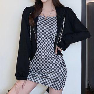 Set: Zip Hoodie + Checkerboard Spaghetti Strap Mini Dress