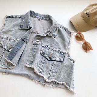 Fray Hem Sleeveless Cropped Denim Jacket Blue - One Size