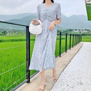 Shirred V-neck Floral Long Dress