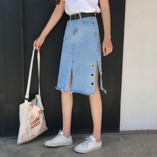 Ring-accent High-waist Denim Skirt