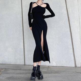 Long-sleeve Side-slit Cut-out Midi Sheath Dress