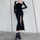 Long-sleeve Side-slit Cut-out Midi Sheath Dress