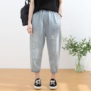 Band-waist Patched Harem Cropped Jeans