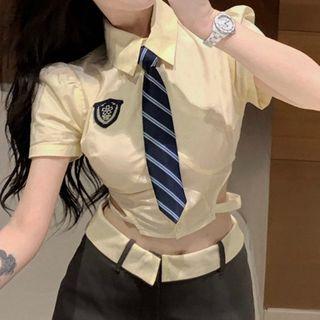 Short-sleeve Crop Shirt / Striped Tie / Mini Skort